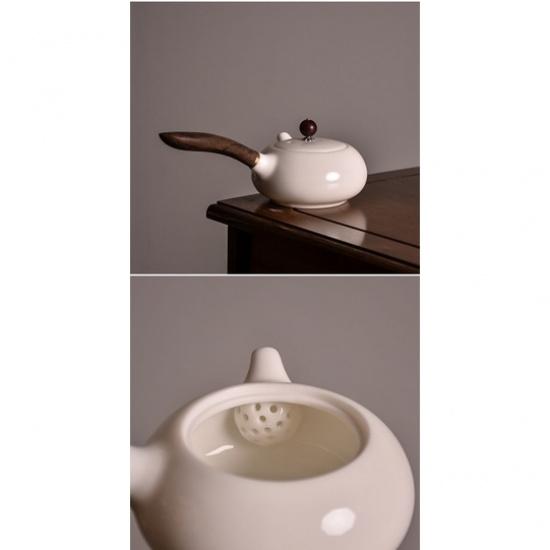 200ml Sheep Fat Jade Porcelain Wooden Handle Side Handle Teapot Ceramic Kung Fu Tea Set
