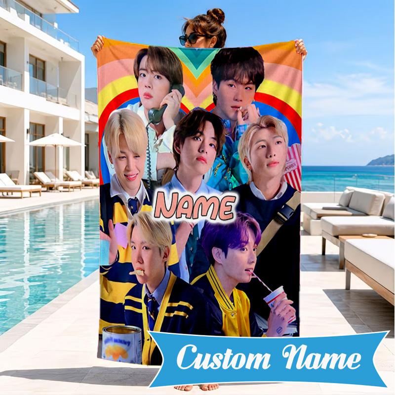 Custom Name Colorful Cartoon K-pop Characters Beach Towel Microfiber Beach Towel, Lightweight and Quick-Dry, for Summer Travel, Swimming Pool Gift