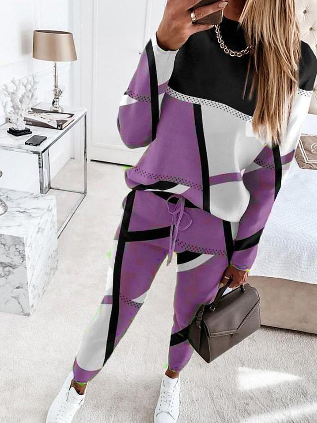 2025 Cross-border Amazon European and American Women s New Two-Piece Two-Piece Colorblock Print Long Sleeve Crew Neck Casual Fashion Set S фиолетовый