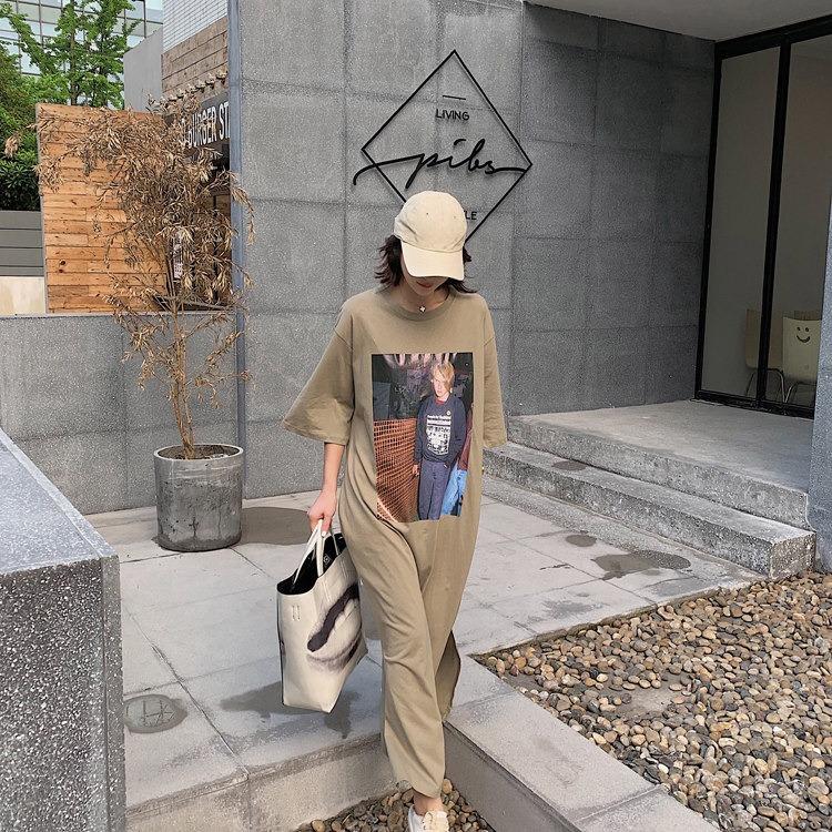 Plus Size Summer Korean Style Dress Women's Printed Long T-Shirt Dress Short Sleeve Loose Casual Dresses