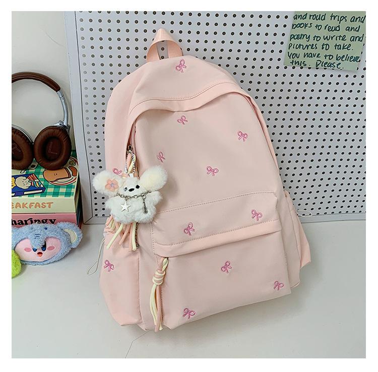 Schoolbag Girl Simple Versatile Backpack College Student Middle School Student Cute Embroidered Bow Backpack Travel Backpack