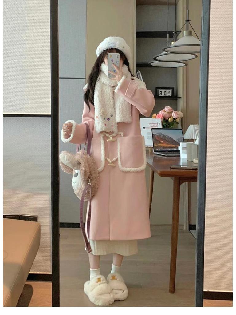 Women's Korean Pink Lambswool Tweed Coat: Winter 2025, Horn Button, Loose Fit