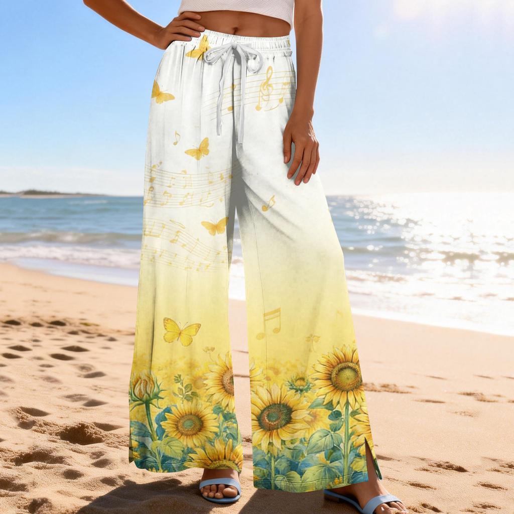 Women Summer Boho Palazzo Pants High Waist Wide Leg Printing Casual Trousers With Pockets