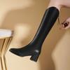 Autumn Winter Square Toe Middle Heel Women's Long Boots Leather Fleece-Lined Ladies Knee High Shaft Shoes New Rock Goth Boot