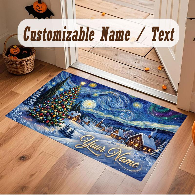 Christmas Winter Theme Crystal Velvet Floor Rug Personalized Custom Name Text Warm Carpet Home Decoration