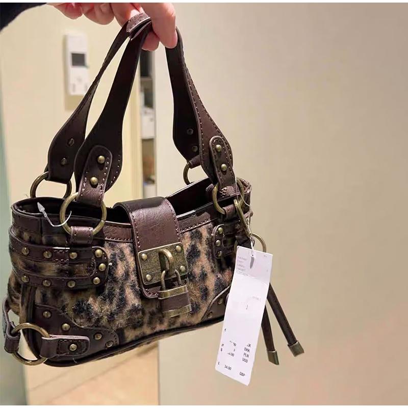 Vintage Rivet Handbag Fashi Brand Highend Y2k Style Motorcycle Bag Leopard Print High-quality Pu Shoulder Crossbody Bag Wallet