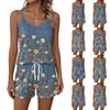 Women Summer Casual Two Piece Set Floral Print Tank Top Square Neck Sleeveless Sportswear with Pockets Shorts Lounge Wear