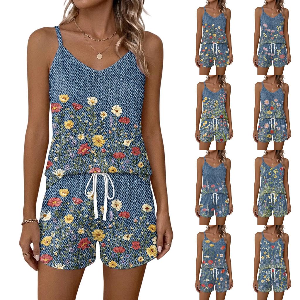 Women Summer Casual Two Piece Set Floral Print Tank Top Square Neck Sleeveless Sportswear with Pockets Shorts Lounge Wear