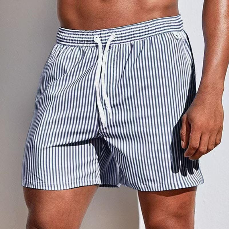 2026 Summer Men's Quick-drying Blue & White Stripe Beach Bermuda Shorts with Elastic Waist