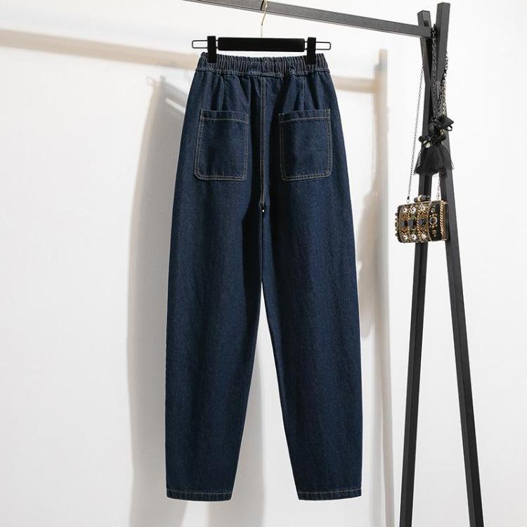 Nowe Vintage Oversize Moda Damskie Wysoki Stan Elastyczne Gładkie Jeansowe Haremki Spodnie Podstawowe Plus Size
