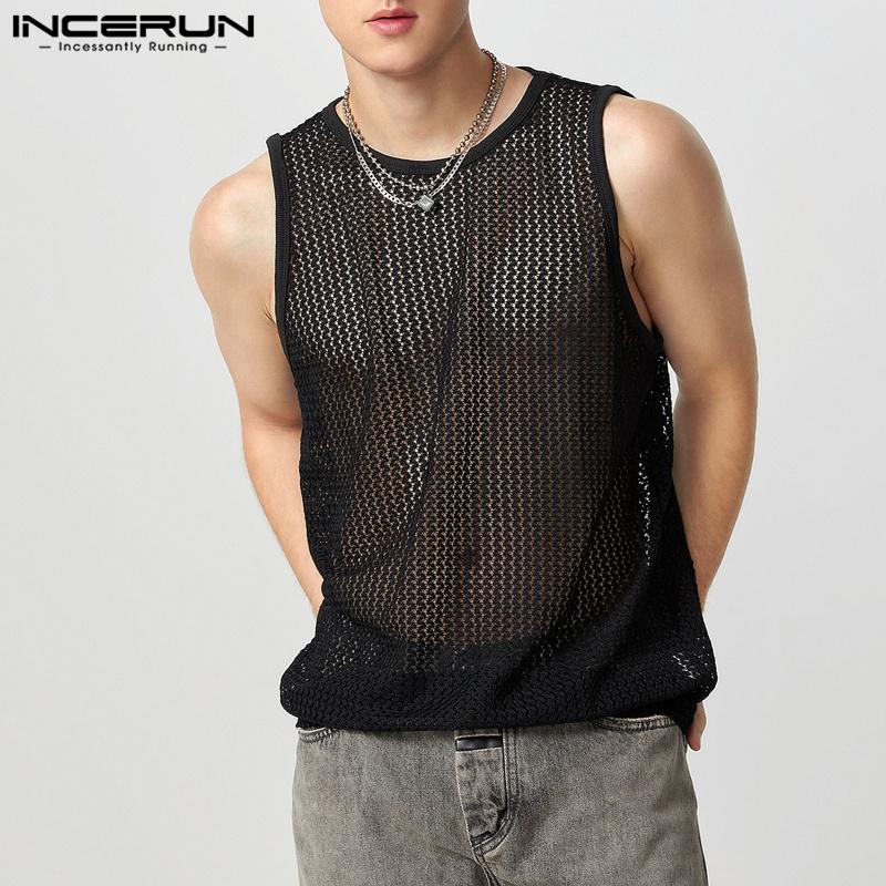 INCERUN Men Sleeveless See Through Hollow Out Beach Vest Tank Topss