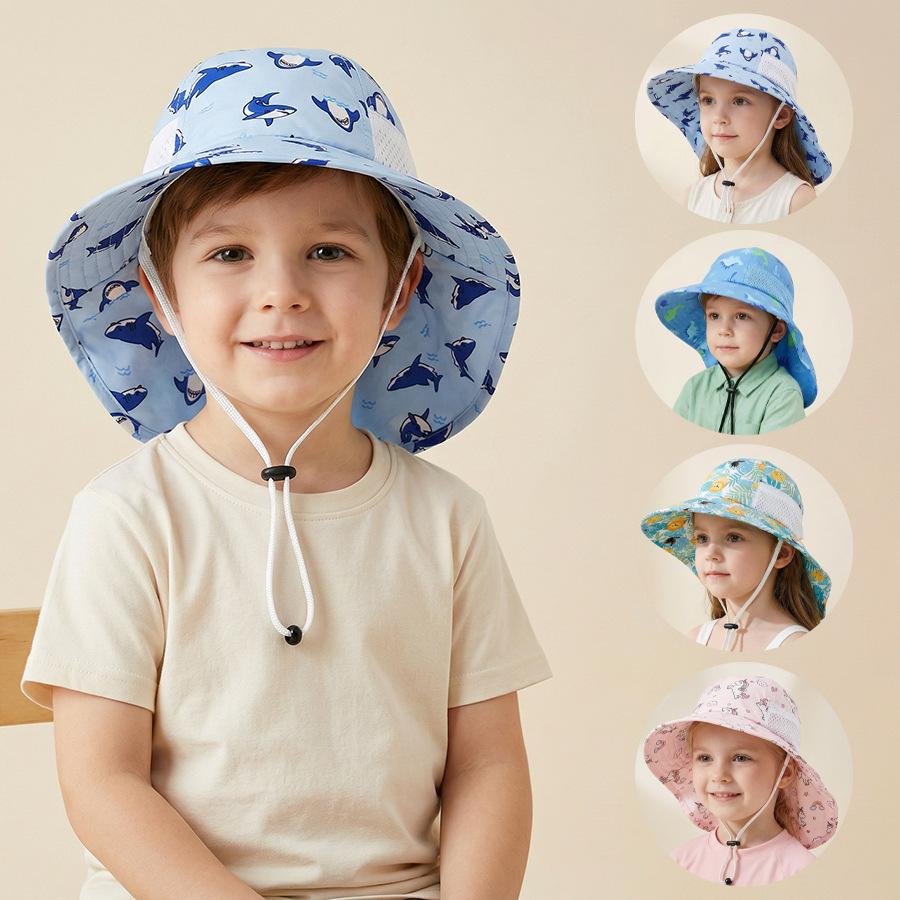 1-2Y 3-5Y 6-10Y Children's Sun Protection Hat Spring/Summer Lightweight Boys and Girls Printed Bucket Hat Beach Sun Shawl S