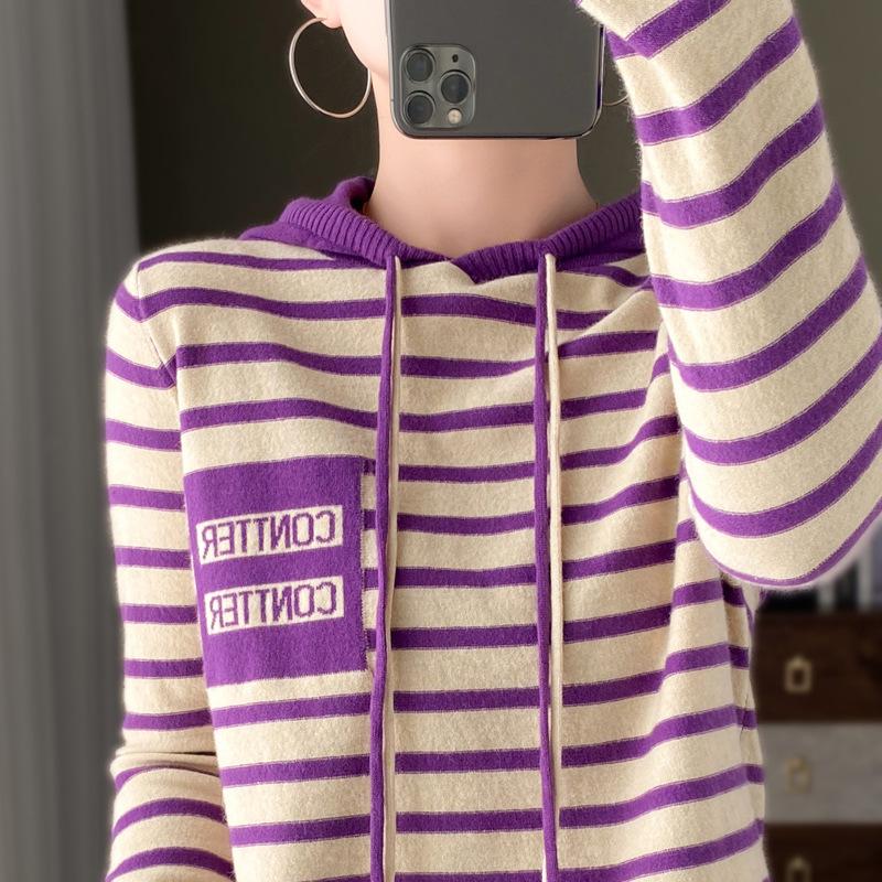 Women's Fashion Casual Stripe Print Autumn Winter Long Sleeve Hooded Loose Sweaters