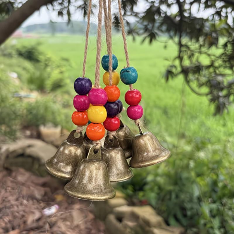 Bohemian Wind Chime 6/8 Bronze Bells Colorful Wood Beads Handmade Boho Hanging Decor Garden Patio Yard Rustic Home Decoration