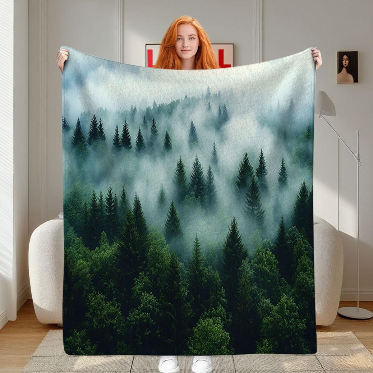 Custom Forest Blanket Pine Tree Misty Mountain Design Personalized Name Fleece Throw All Season Soft Warm Bedding Home Decor 75X95CM