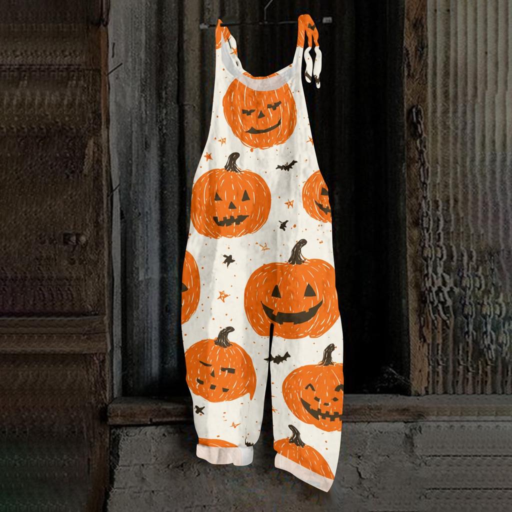 Women's Loose Casual Vintage Style Cotton Linen Overalls with Adjustable Straps and Pockets Halloween Inspired Graphic Print Jumpsuit