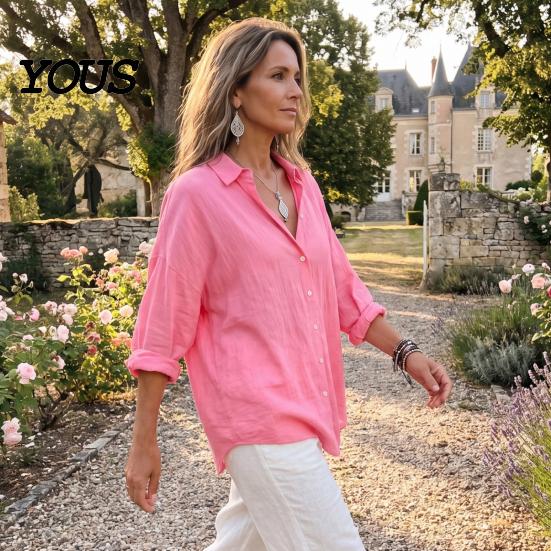 Casual Long Sleeve Tops Women Button Front Shirt, Turndown Collar Blouse, Relaxed Fit Solid Color Drop Shoulder Fall Top for Daily Wear