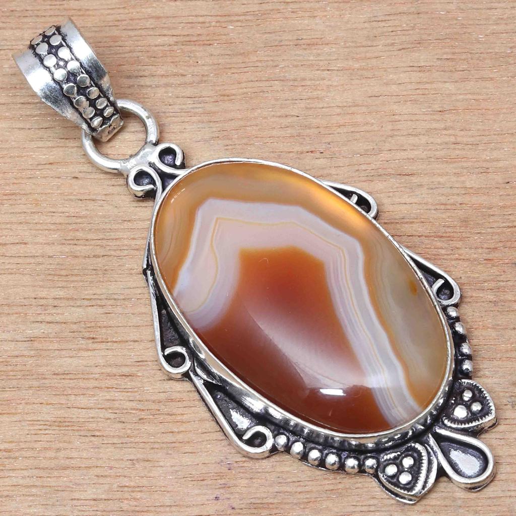 Pendant Banded Agate Gemstone Handicraft Valentine'Day Silver Jewelry 2.25