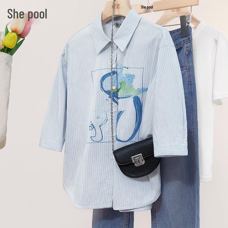 Women s Striped Button-Up Mid-Length Shirt L