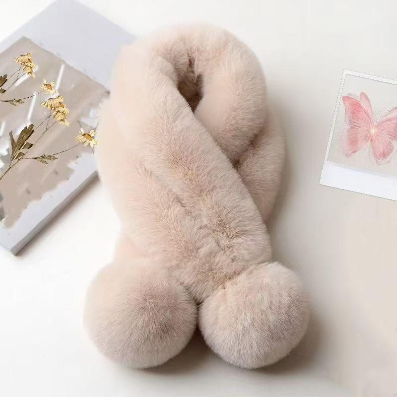 

Women s Plush Faux Rabbit Fur Scarf - Thick Warm Cross Ball Neck Warmer 72cm