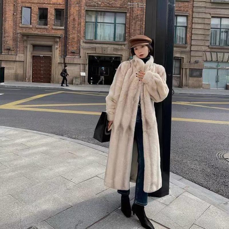 New retro cross mink imitation fur coat women's winter thickened high-sense celebrity imitation mink long knee coat
