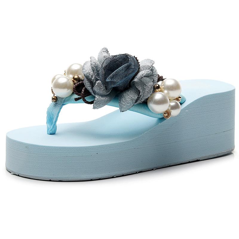 Fashion Platform Sandals 2024 Summer Fashion Women Flip Flops Wedge Beach Slides Flower Pearl Ladies Outside Thick Sole Bohemian Sandals