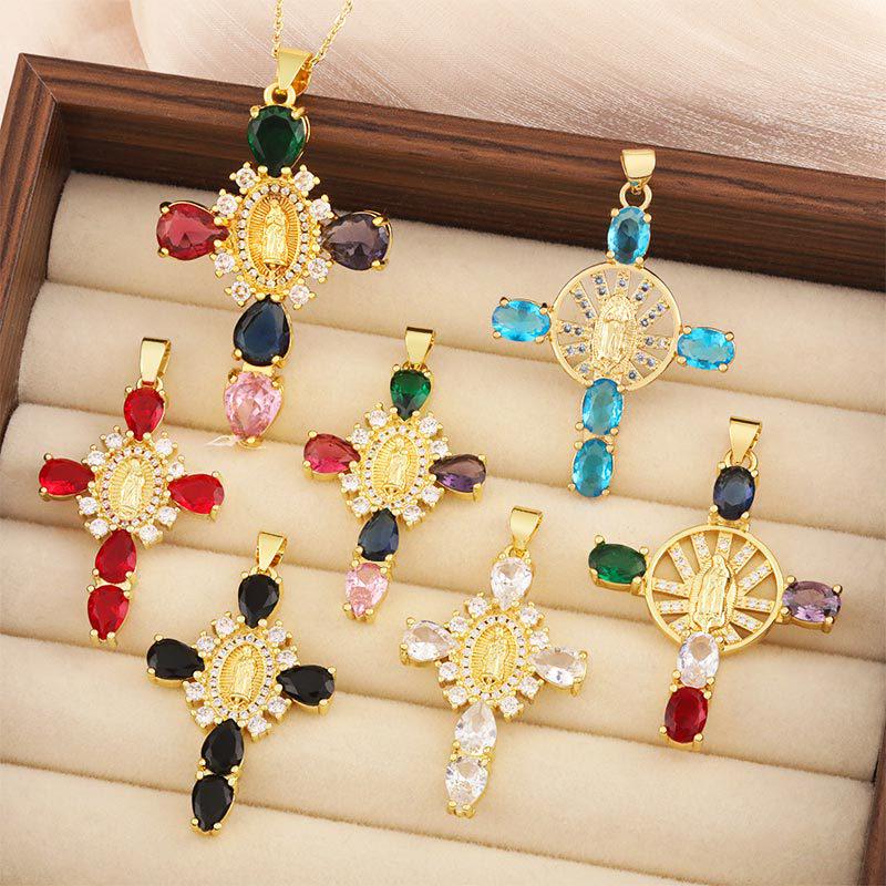 Copper Plated 18K Gold Cross Pendant Necklace with Multi-color Zircon Embellishments