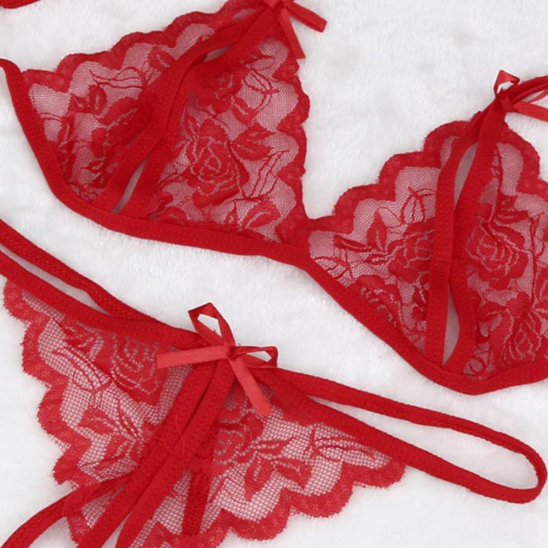 Lady Lace Pajama Sets Sexy Lingerie Sleepwear Tie Band Out Top And Hollow Out Thin Strap G-String Ultra Thin Home Clothes