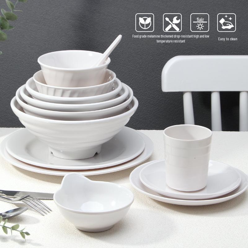 A5 White Melamine High-Temperature-Resistant Noodle and Soup Bowl, Ramen Bowl, Rice Noodle Roll Plate, Vegetable Plate.