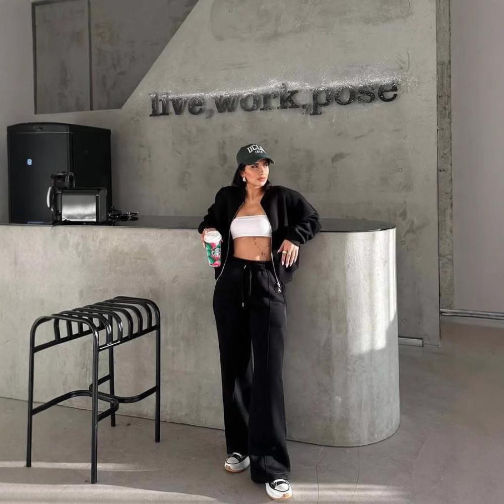 Ladies' Autumn and Winter Casual Solid Color Cardigan Sports Suit Fashionable Street Style Long Sleeved Jacket Long Pants Two-piece Set