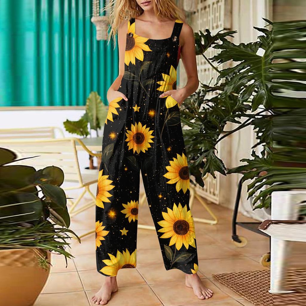 Womens Casual Overalls Jumpsuits Adjustable Straps Sleeveless Bohemian Comfy Rompers With Pocket