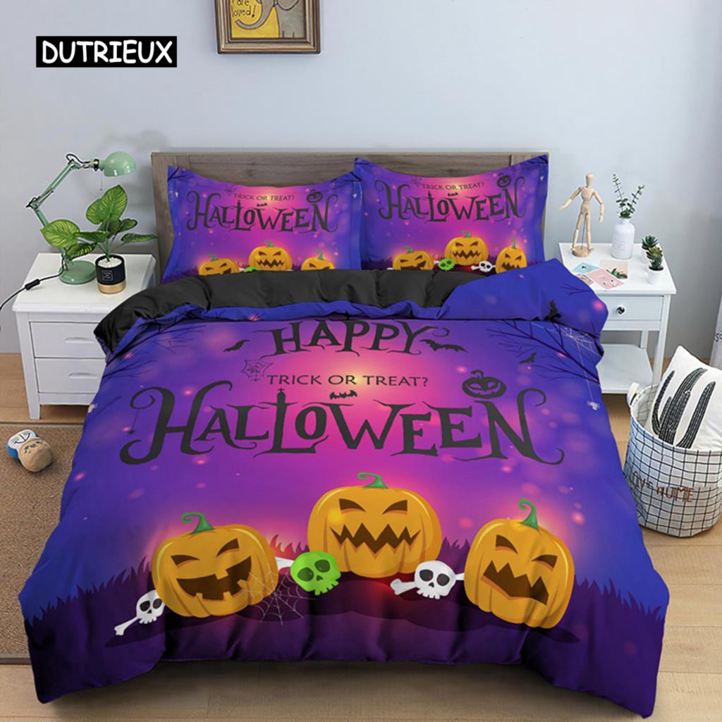 Happy Halloween King Queen Duvet Cover Orange Pumpkin Bedding Set Kids Teens Adults Bats Horror Festival Polyester Quilt Cover