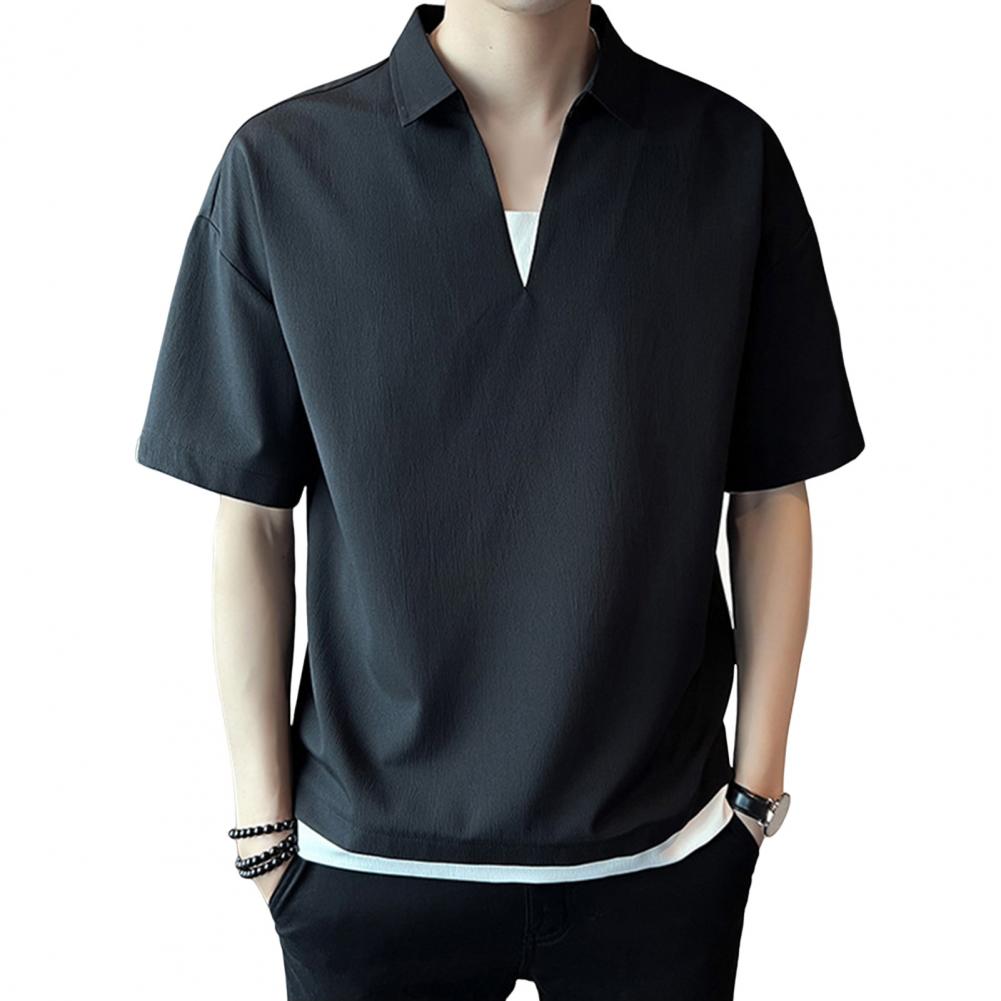 Sommer Herrenhemd V-Ausschnitt Revers Einfarbig Fake Zweiteiler Eisseide Kurze Ärmel Lockerer Pullover Dehnbar Lässiges Alltags-T-Shirt Spo