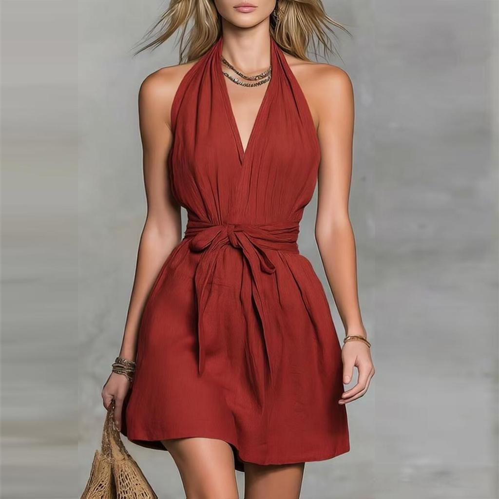 Women's Neck Mini Dress with Adjustable Waist Tie Sleeveless Backless Lightweight Casual Fit for Summer