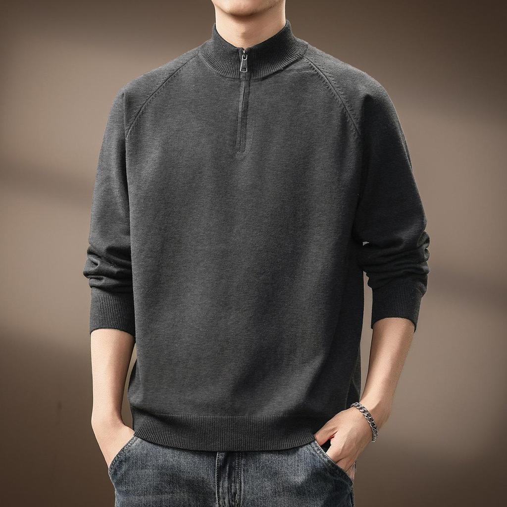 Men's High-End Half-Zip Stand Collar Knit Sweater - Autumn/Winter Korean Style Solid Color Casual Base Layer Top