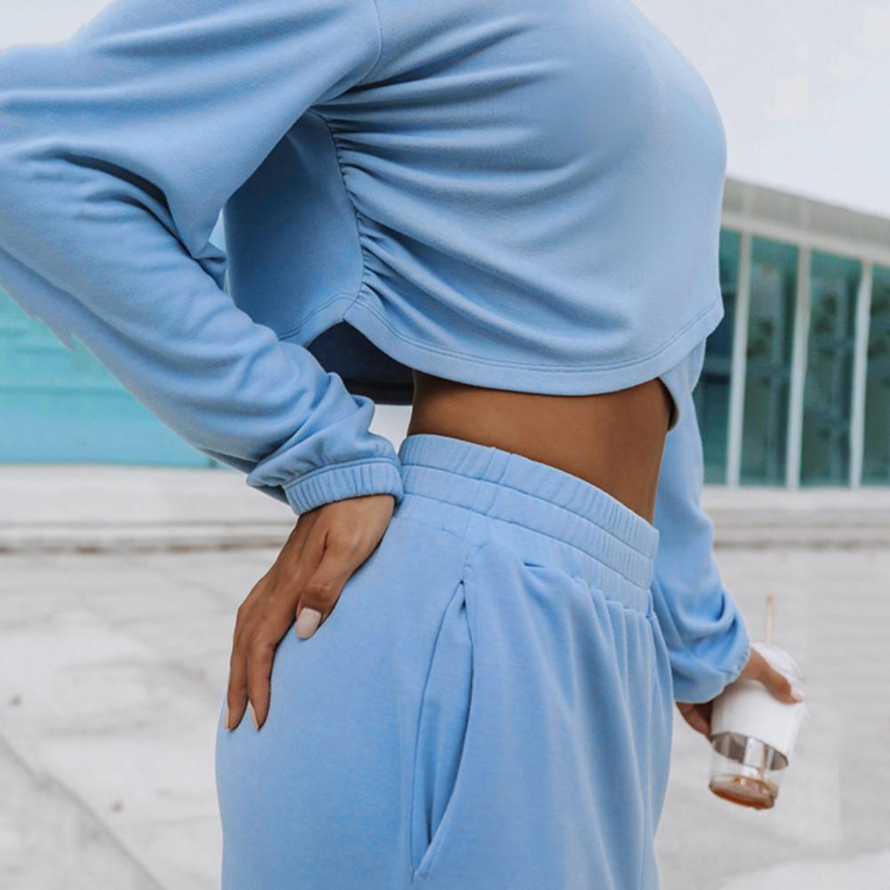 2 Teile/satz Frauen Top Hosen Set Rundhals Langarm Unregelmäßigen Kreuz Saum Sweatshirt Reine Farbe Stretchy Hohe Taille Breite Bein Trou