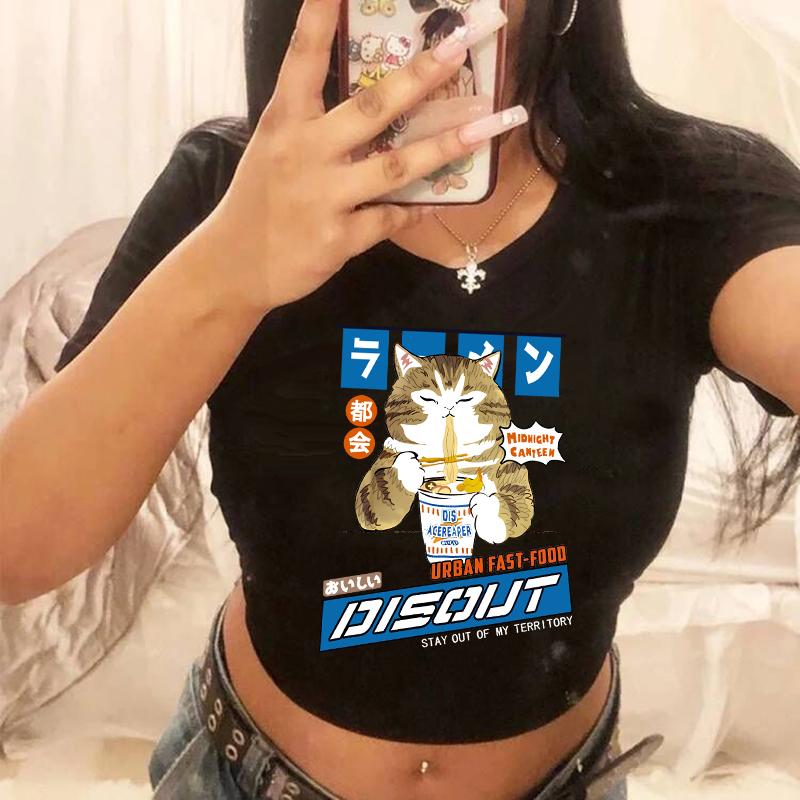 Hip Hop Crop Top Y2k 90s Funny Cute Cat T Shirt Women Shirt Harajuku Graphic Ulzzang T-shirt 90s Tshirt Top Tee Female Cropped