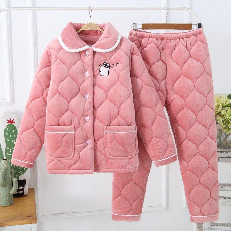 Thickened pajamas women's winter three-layer coral fleece padded cotton can be worn outside, plus sweet loungewear set