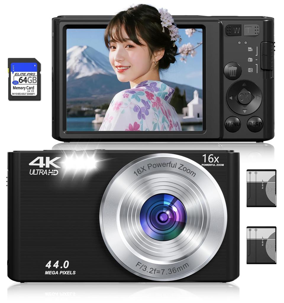4K FHD 44MP Compact Digital Camera with 16x Smart AF and Lightweight and Ideal for and Includes Two 64GB SD Cards Zoom, Autofocus, Multi-Function