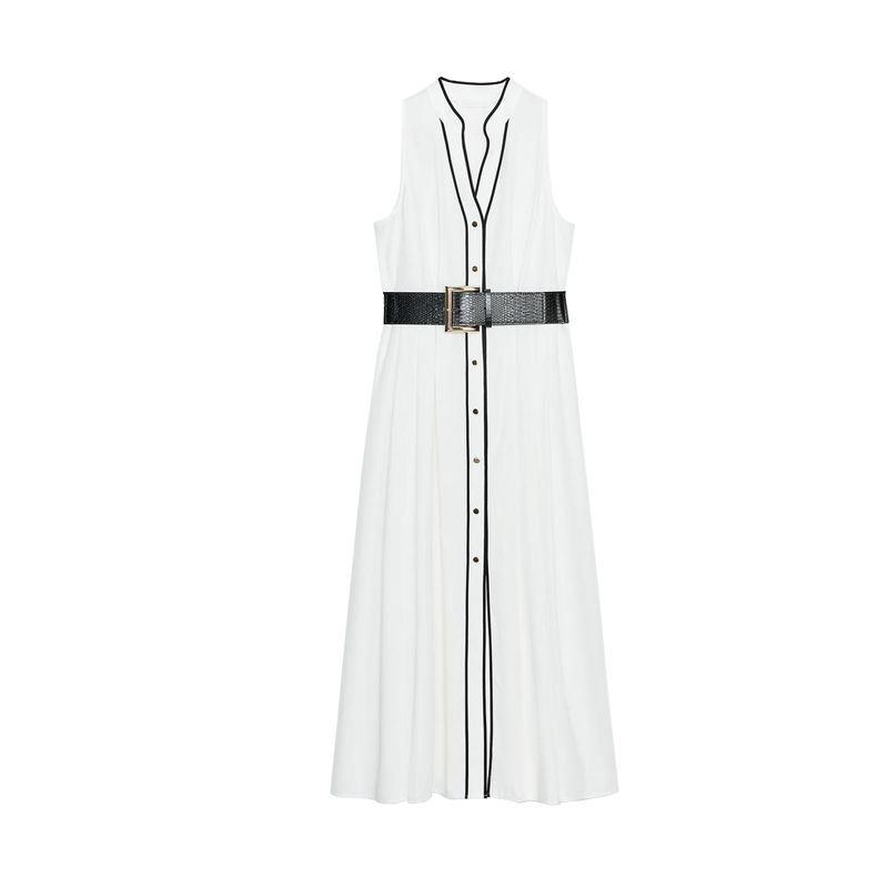

Summer Women s Clothing Loose with Belt round Neck Contrast Color Trim Poplin Sleeveless Midi Skirt Dress 0387081 Ben White L