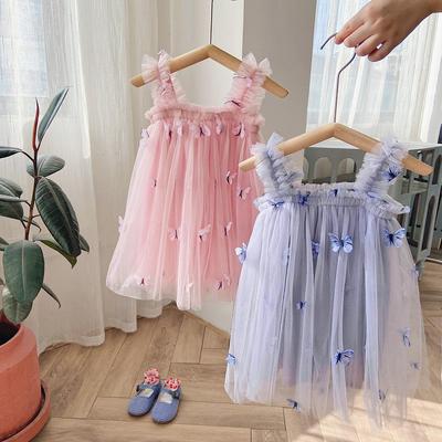 Koreanisches Schmetterlings-Stickerei-Netz-Sommerkleid für Mädchen 2025: Prinzessinnen-Puff-Trägerkleid
