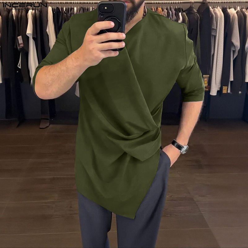 INCERUN Oversized Men V Neck Short Sleeve Solid Color Casual Loose Irregular T-shirts Tops
