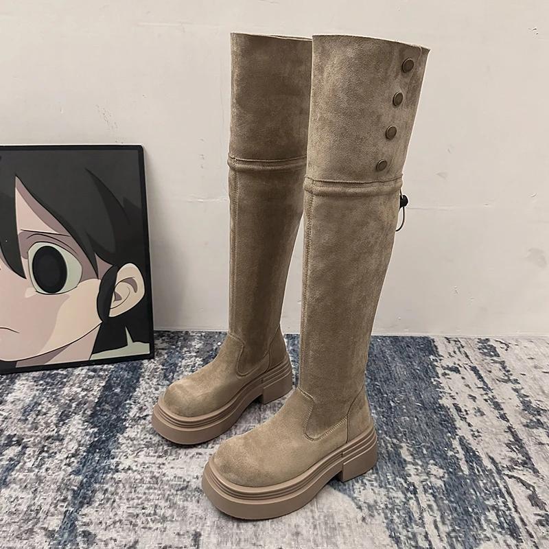 

Зимние ботфорты на платформе для женщин, модные, на молнии, длинные ботильоны, винтажные, лаконичные, на толстом каблуке 35 хаки