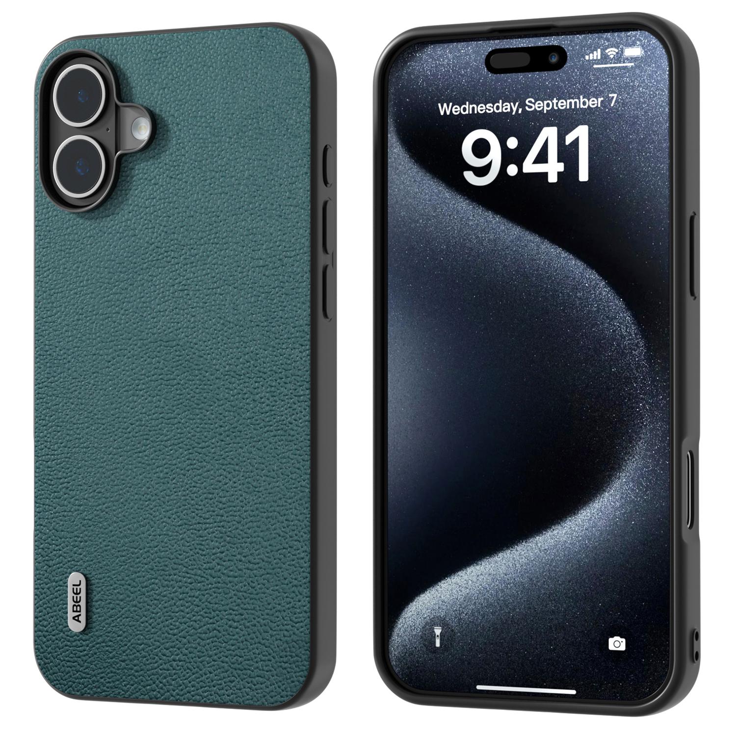 

For iPhone 16 Plus Case Genuine Cow Leather Coated PC+TPU Phone Cover Midnight Green