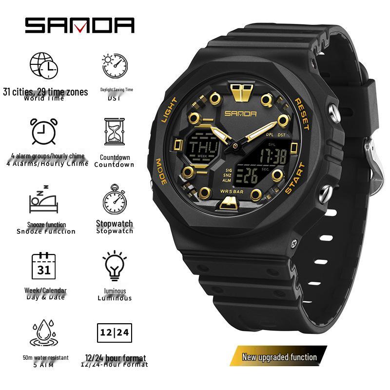 Sanda Trendy Luminous Waterproof Multifunctional Unisex Electronic Watch