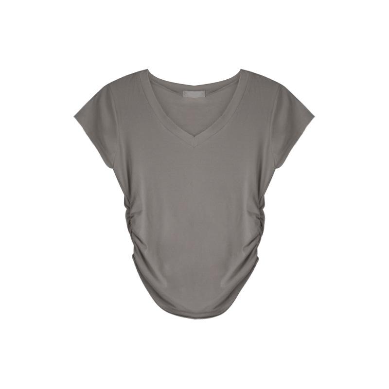 V-neck front shoulder short-sleeved T-shirt women's summer 2025 new slim-fitting and thin pleated solid color versatile short top