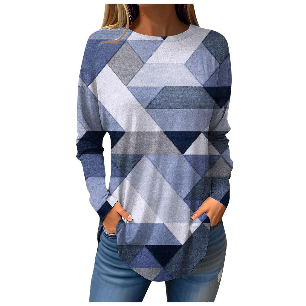 Women's 3D Printed Leaf Print T-shirt Fashionable Long-sleeved Round Neck Regular Tops