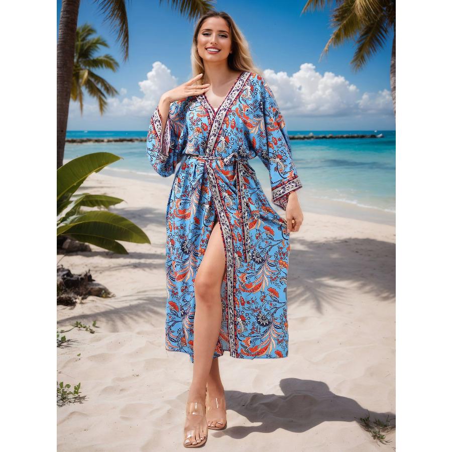 Women's Viscose Printed Kimono Cardigan Loose Long Beach Cover Up Robe, Flowy Open Front Shirt for Vacation 0981