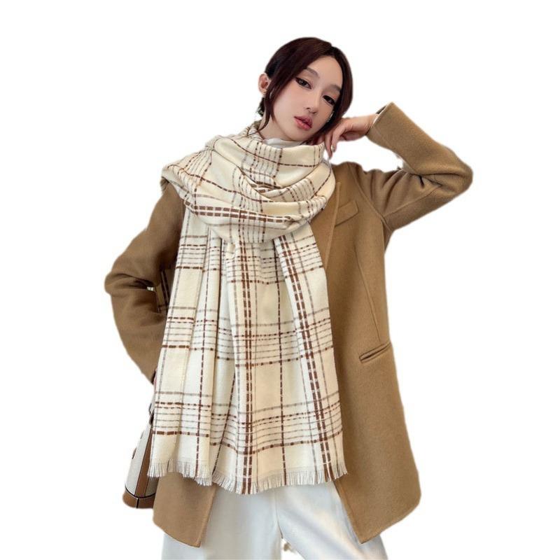 Autumn and winter new wool fine plaid scarf women's high-end sense versatile tassel shawl versatile thickened warm scarf