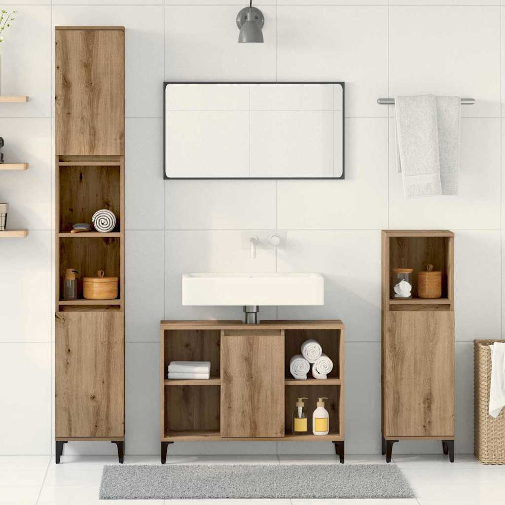 Bathroom Furniture Set with Shelf 3 pcs Artisan Oak Wood Based Material